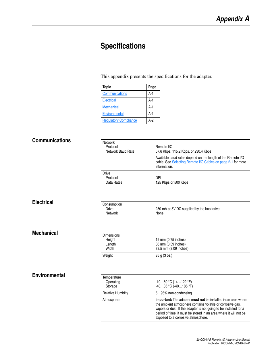 Appendix a, Specifications, Communications | Electrical, Mechanical, Environmental, Aspecifications, Appendix | Rockwell Automation 20-COMM-R Remote I/O Adapter User Manual | Page 81 / 128