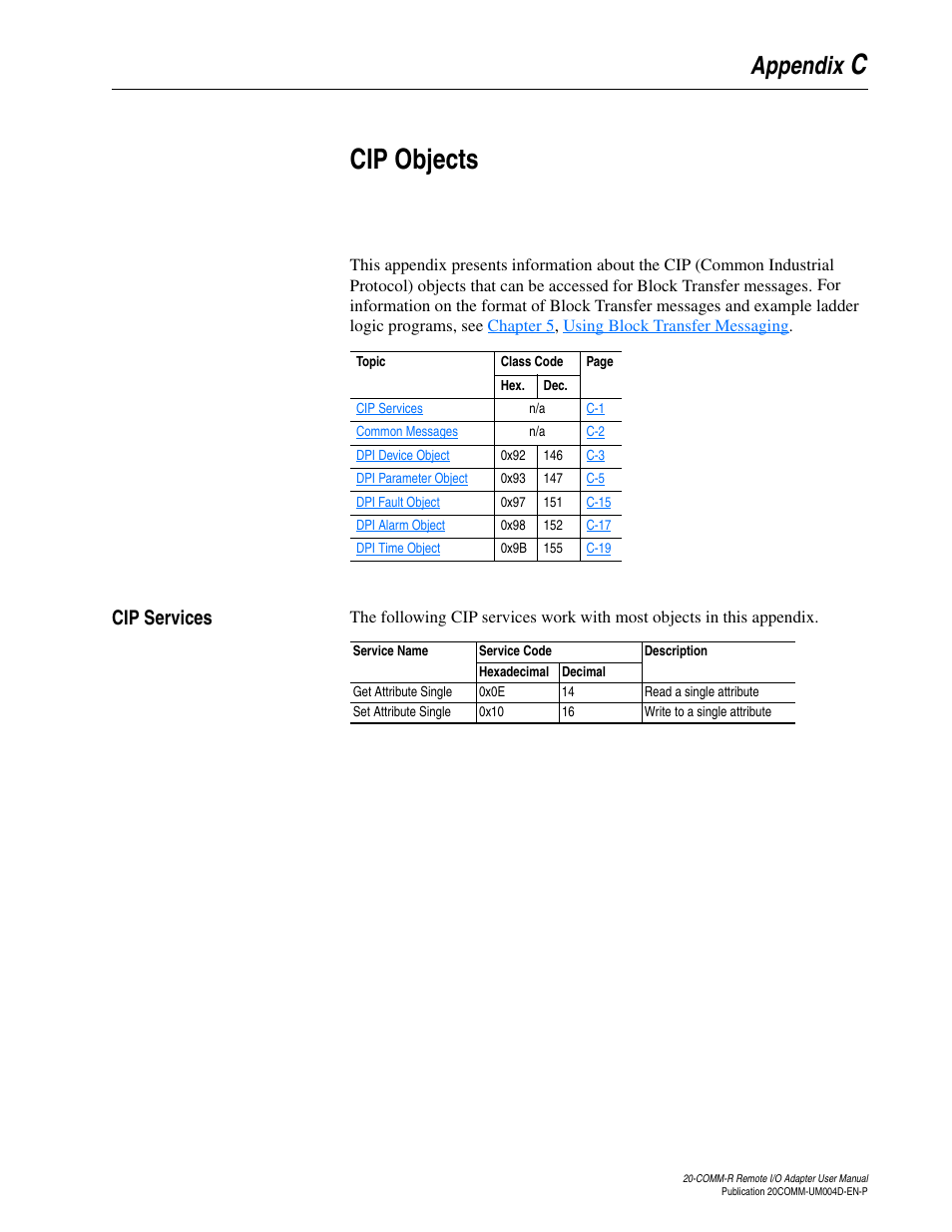 Appendix c, Cip objects, Cip services | Ccip objects, Appendix | Rockwell Automation 20-COMM-R Remote I/O Adapter User Manual | Page 87 / 128