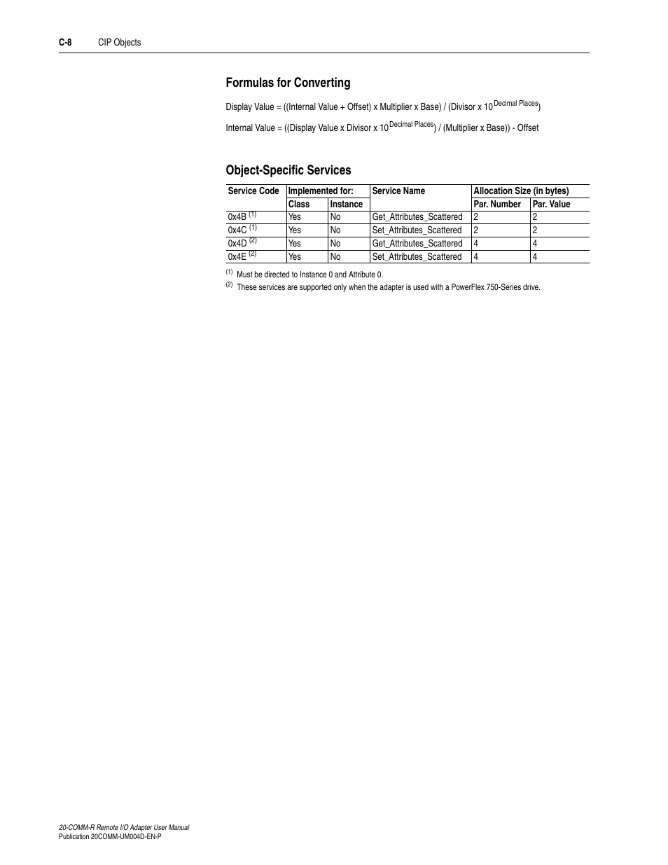 Formulas for converting, Object-specific services, Formulas for | Rockwell Automation 20-COMM-R Remote I/O Adapter User Manual | Page 94 / 128
