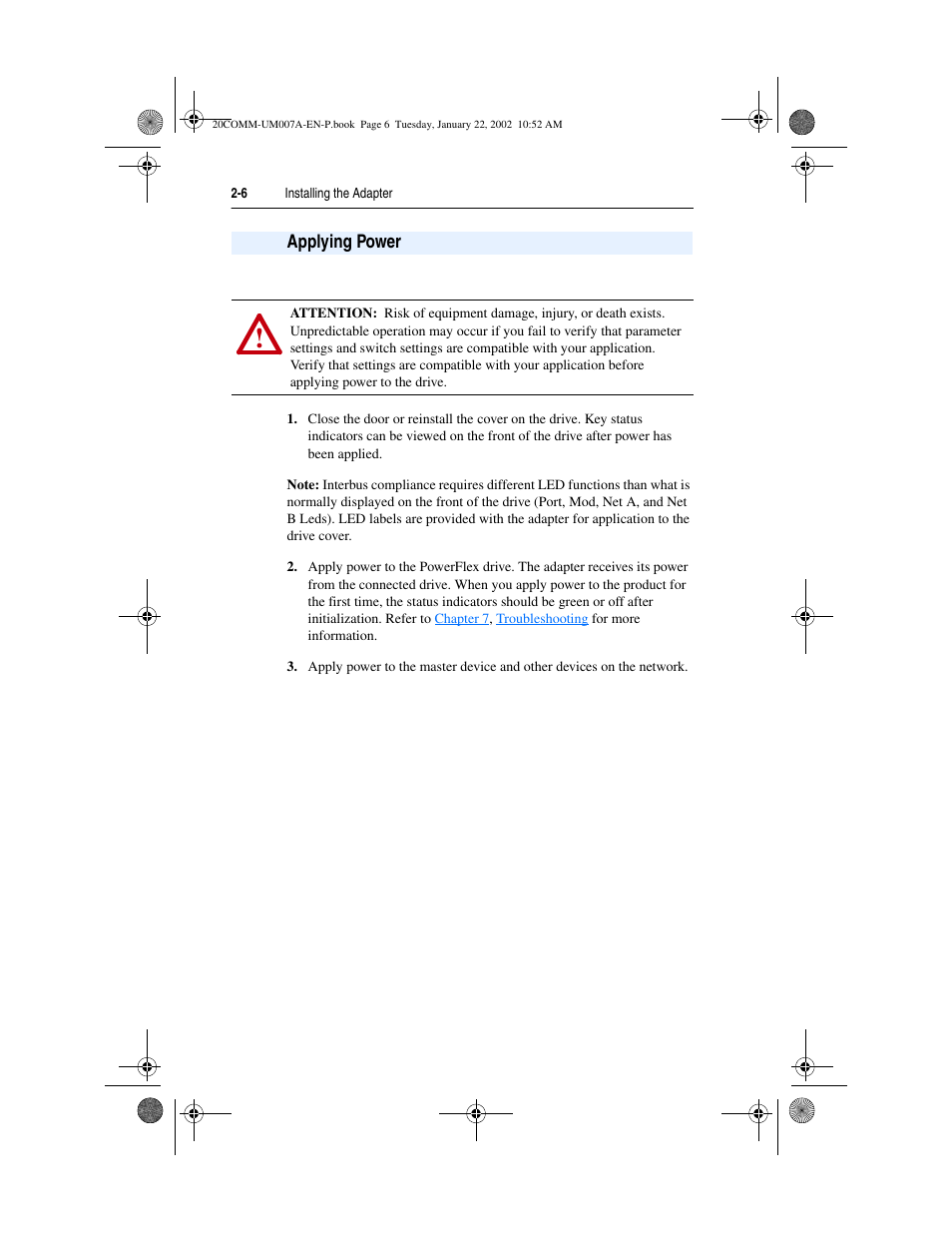 Applying power | Rockwell Automation 20-COMM-I Interbus Adapter User Manual | Page 22 / 118