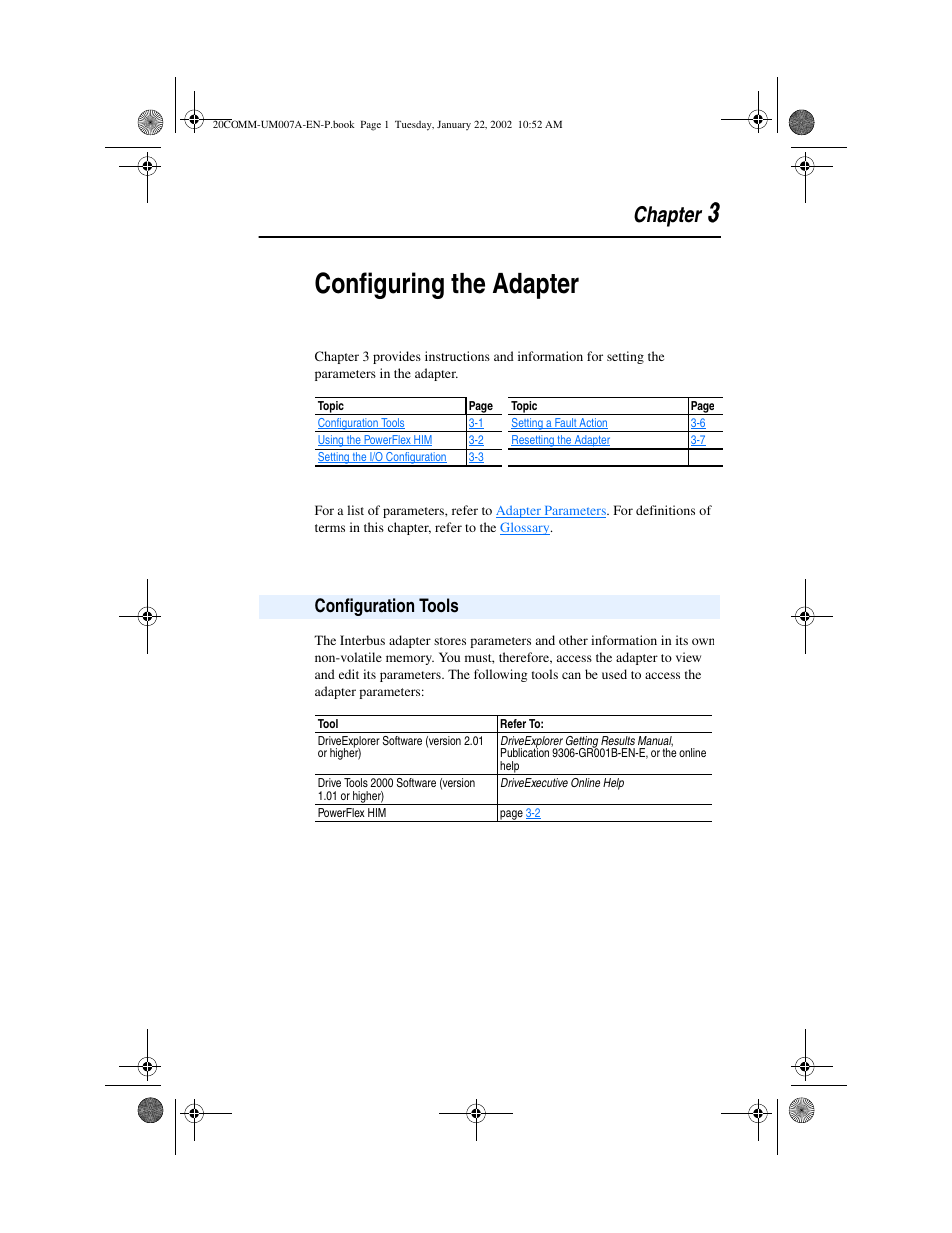 Chapter 3, Configuration tools, Configuring the adapter | 3configuring the adapter, Chapter | Rockwell Automation 20-COMM-I Interbus Adapter User Manual | Page 23 / 118