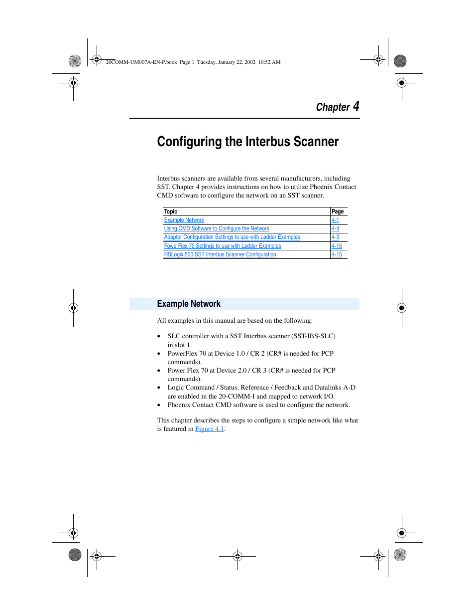 Chapter 4, Example network, Configuring the interbus scanner | Refer to, 4configuring the interbus scanner, Chapter | Rockwell Automation 20-COMM-I Interbus Adapter User Manual | Page 33 / 118