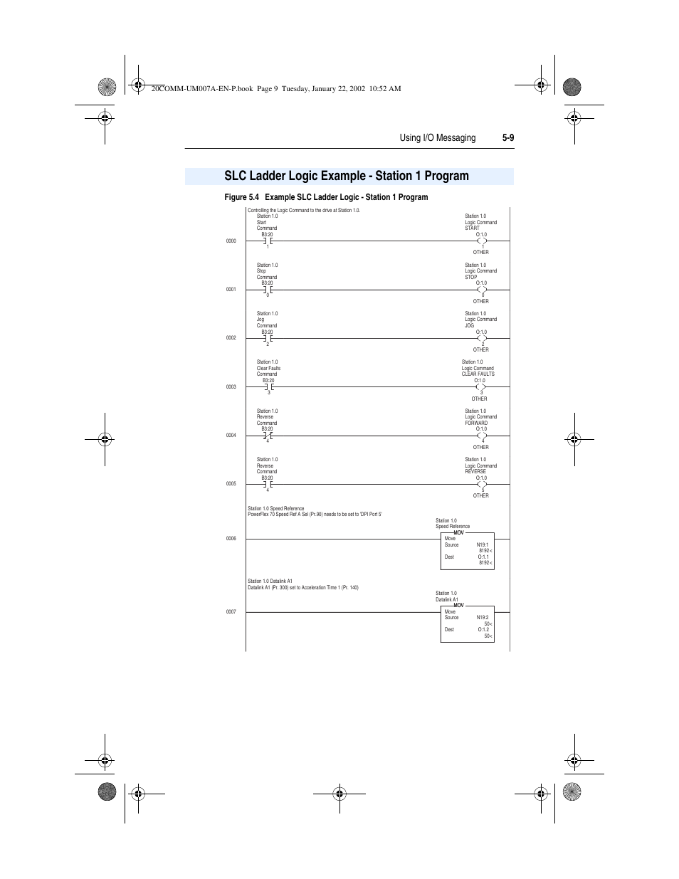 Slc ladder logic example - station 1 program, Slc ladder logic example - station 1 program -9, Using i/o messaging 5-9 | Rockwell Automation 20-COMM-I Interbus Adapter User Manual | Page 59 / 118