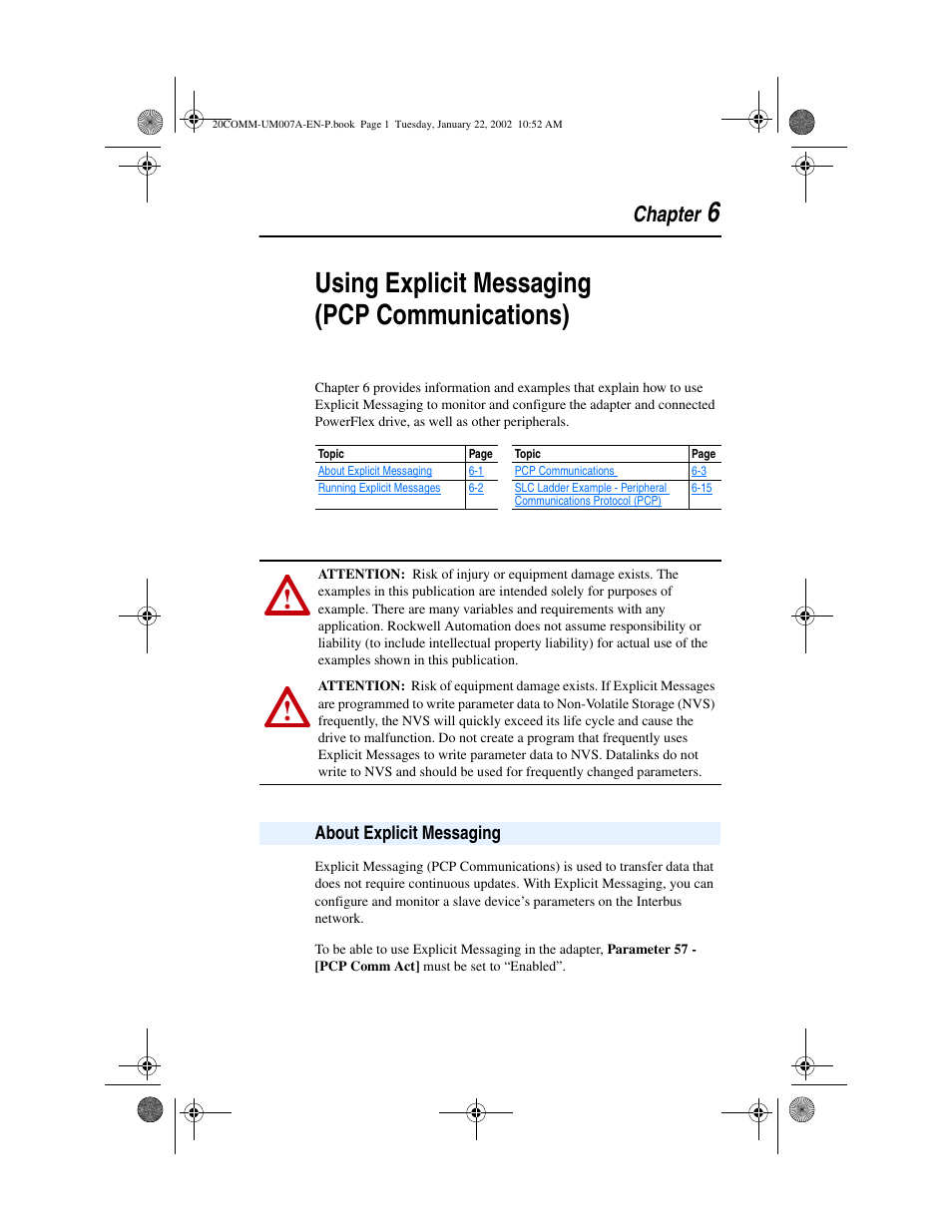 Chapter 6, About explicit messaging, Using explicit messaging (pcp communications) | About explicit messaging -1, Using, Explicit messaging (pcp communications), 6using explicit messaging (pcp communications), Chapter | Rockwell Automation 20-COMM-I Interbus Adapter User Manual | Page 63 / 118