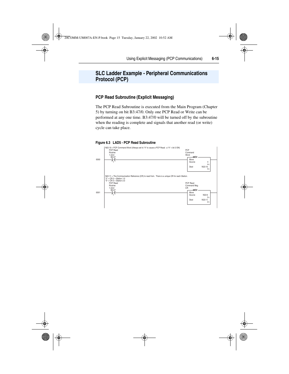 Figure 6.3, Pcp read subroutine (explicit messaging), Using explicit messaging (pcp communications) 6-15 | Figure 6.3 lad5 - pcp read subroutine | Rockwell Automation 20-COMM-I Interbus Adapter User Manual | Page 77 / 118