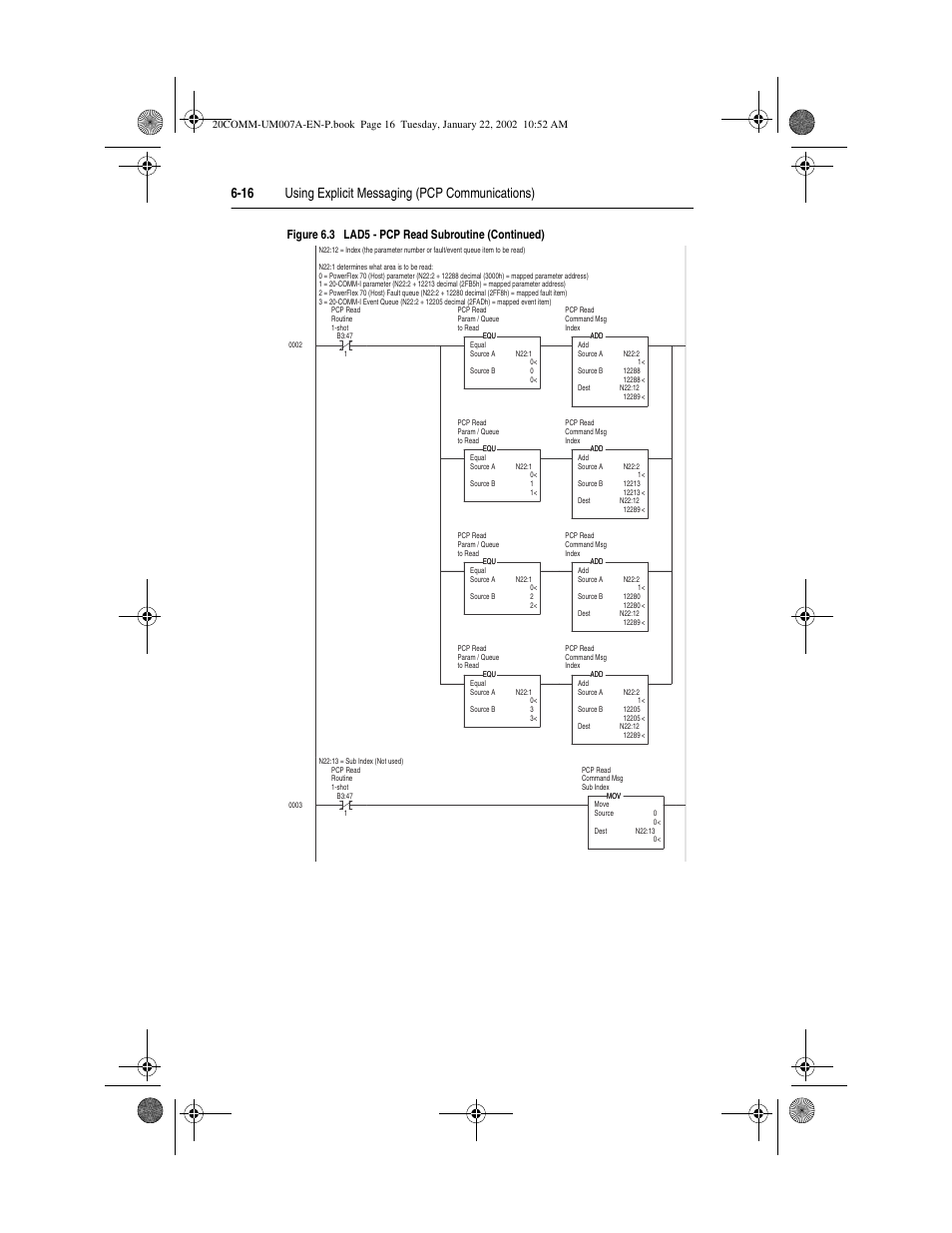 16 using explicit messaging (pcp communications), Figure 6.3 lad5 - pcp read subroutine (continued) | Rockwell Automation 20-COMM-I Interbus Adapter User Manual | Page 78 / 118