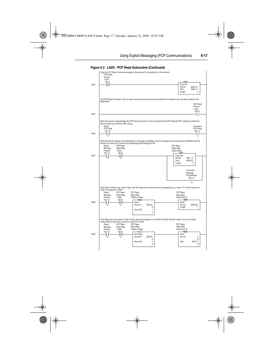 Using explicit messaging (pcp communications) 6-17, Figure 6.3 lad5 - pcp read subroutine (continued) | Rockwell Automation 20-COMM-I Interbus Adapter User Manual | Page 79 / 118