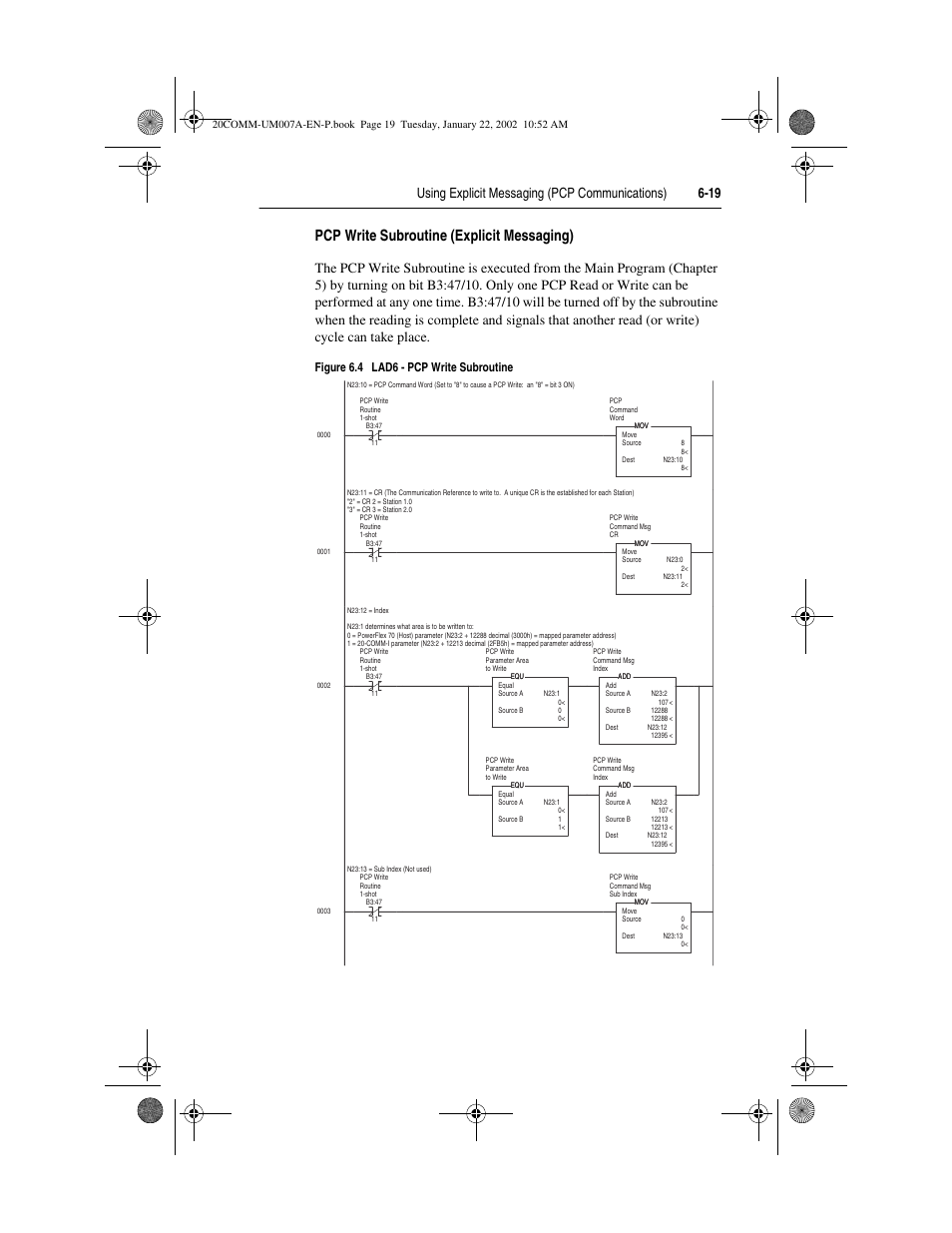 Pcp write subroutine (explicit messaging), Using explicit messaging (pcp communications) 6-19, Figure 6.4 lad6 - pcp write subroutine | Rockwell Automation 20-COMM-I Interbus Adapter User Manual | Page 81 / 118