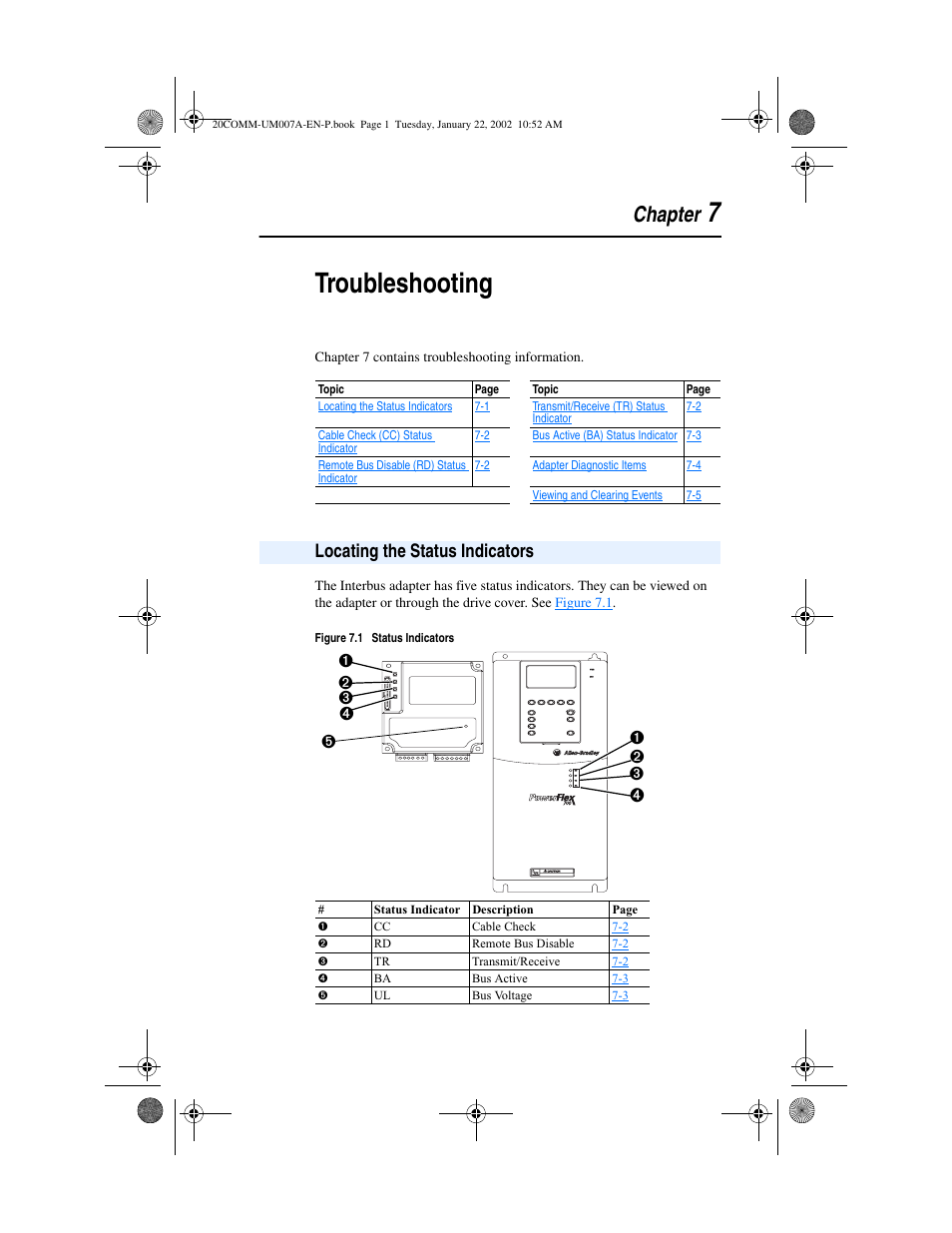 Chapter 7, Locating the status indicators, Troubleshooting | R to, Refer to, 7troubleshooting, Chapter | Rockwell Automation 20-COMM-I Interbus Adapter User Manual | Page 85 / 118