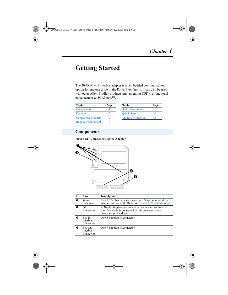 Chapter 1, Components, 1getting started | Chapter | Rockwell Automation 20-COMM-I Interbus Adapter User Manual | Page 9 / 118