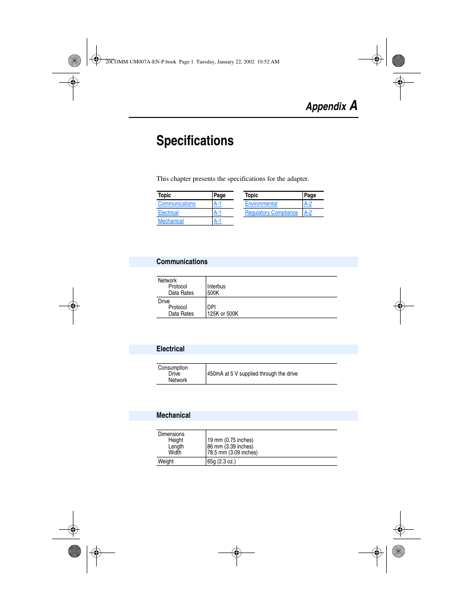 Appendix a, Communications, Electrical | Mechanical, Appendix a specifications, Aspecifications, Appendix | Rockwell Automation 20-COMM-I Interbus Adapter User Manual | Page 93 / 118