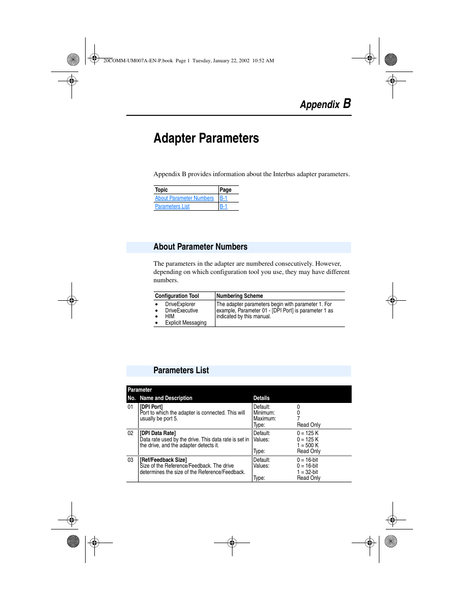 Appendix b, Adapter parameters, About parameter numbers | Parameters list, Appendix b adapter parameters, Badapter parameters, Appendix | Rockwell Automation 20-COMM-I Interbus Adapter User Manual | Page 95 / 118