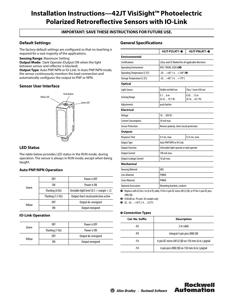 Rockwell Automation 42JT VisiSight Photoelectric Polarized Retroreflective Sensors User Manual | 4 pages