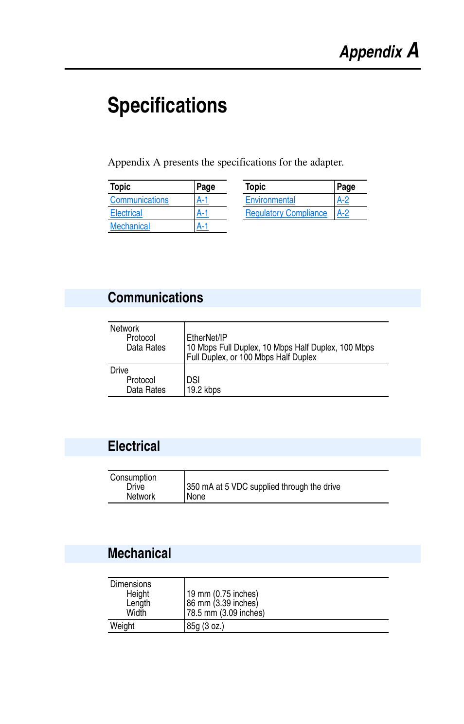 Aspecifications, Appendix, Communications | Electrical, Mechanical | Rockwell Automation 22-COMM-E EtherNet/IP Adapter User Manual | Page 105 / 166