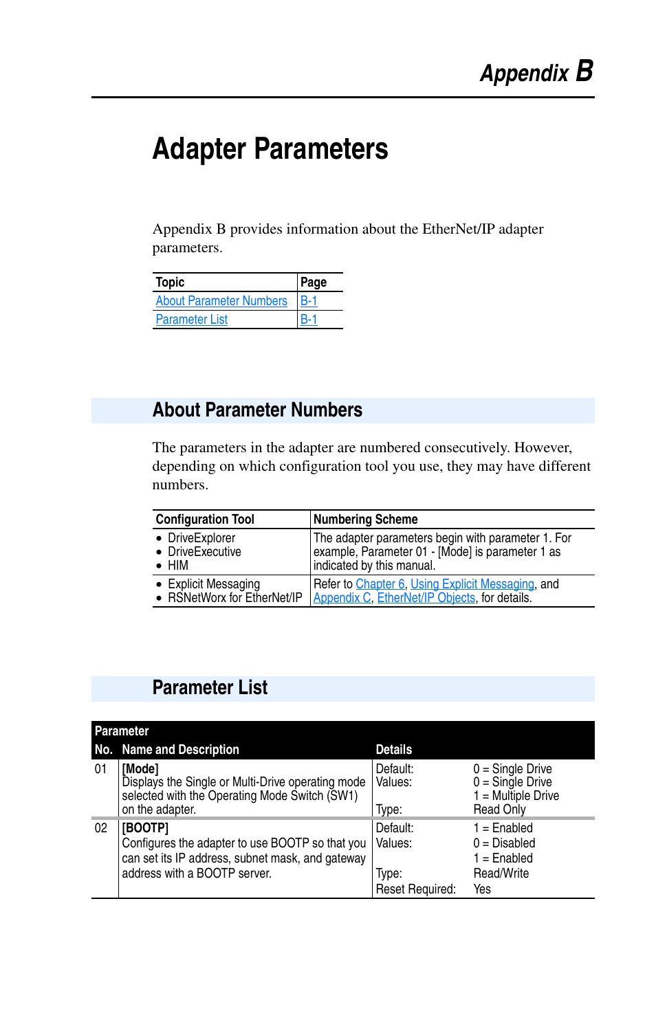 Badapter parameters, Appendix, About parameter numbers | Parameter list | Rockwell Automation 22-COMM-E EtherNet/IP Adapter User Manual | Page 107 / 166