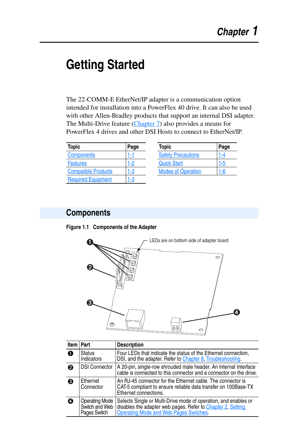 1getting started, Chapter, Components | Rockwell Automation 22-COMM-E EtherNet/IP Adapter User Manual | Page 13 / 166