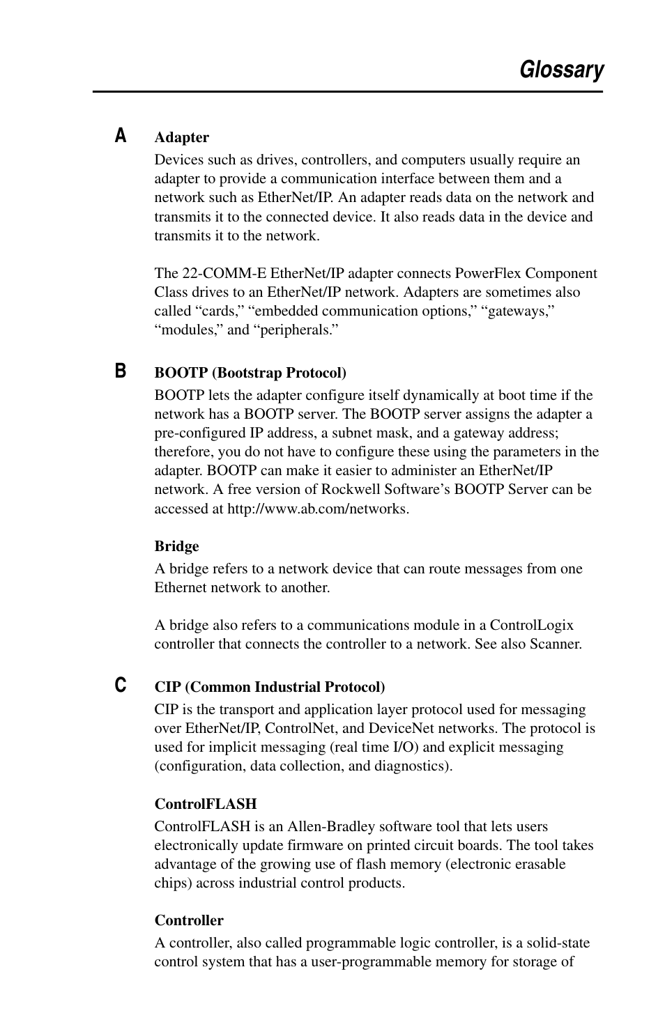 Glossary | Rockwell Automation 22-COMM-E EtherNet/IP Adapter User Manual | Page 151 / 166