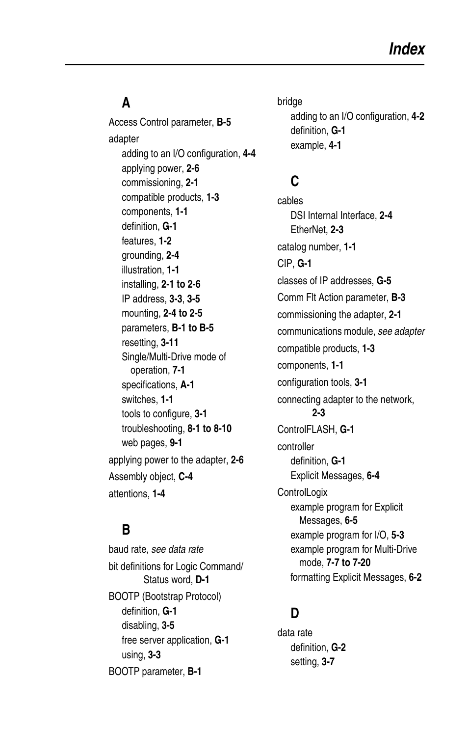 Index | Rockwell Automation 22-COMM-E EtherNet/IP Adapter User Manual | Page 159 / 166