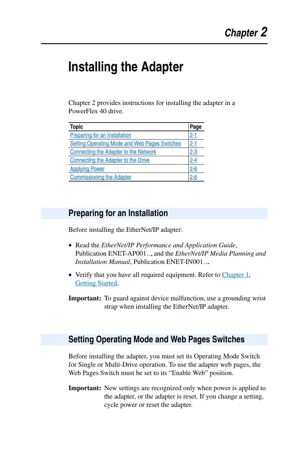2installing the adapter, Chapter | Rockwell Automation 22-COMM-E EtherNet/IP Adapter User Manual | Page 19 / 166