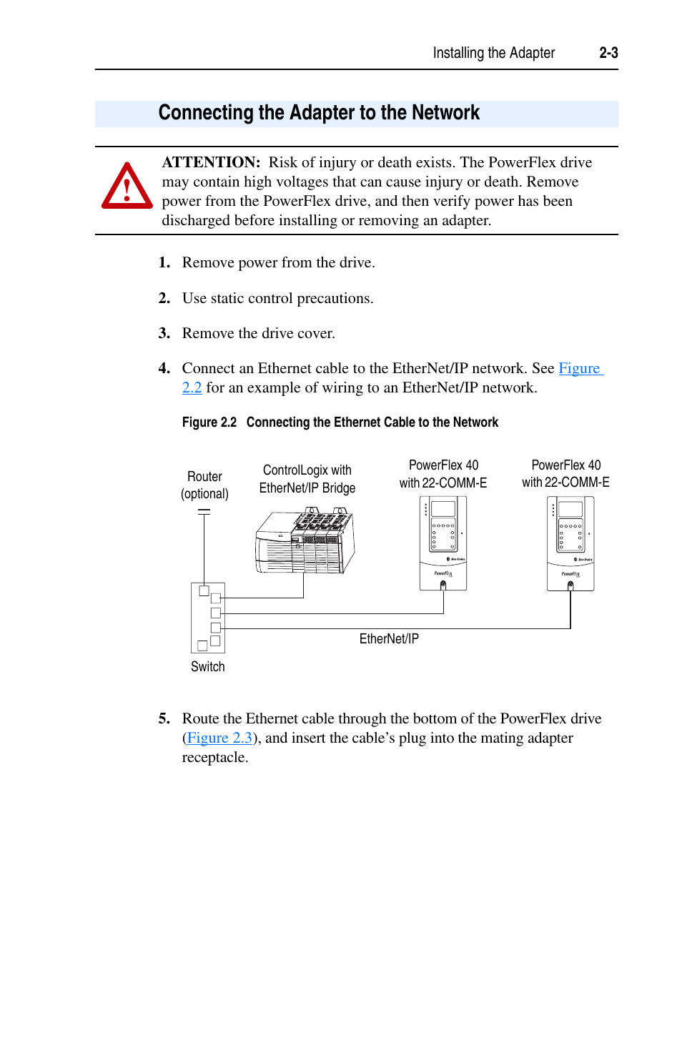 Connecting the adapter to the network | Rockwell Automation 22-COMM-E EtherNet/IP Adapter User Manual | Page 21 / 166