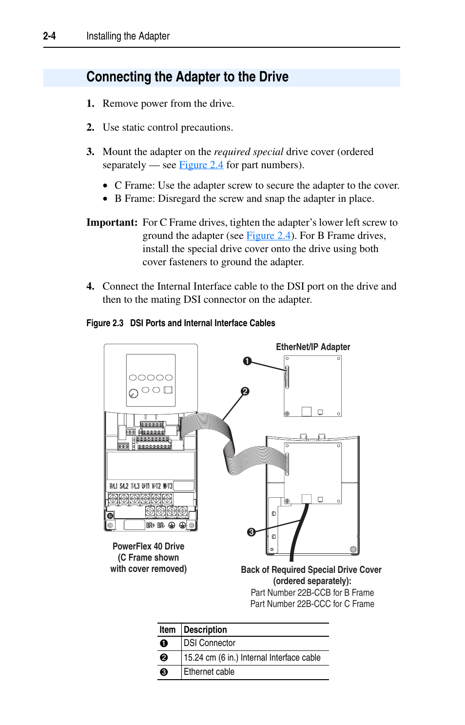 Connecting the adapter to the drive | Rockwell Automation 22-COMM-E EtherNet/IP Adapter User Manual | Page 22 / 166