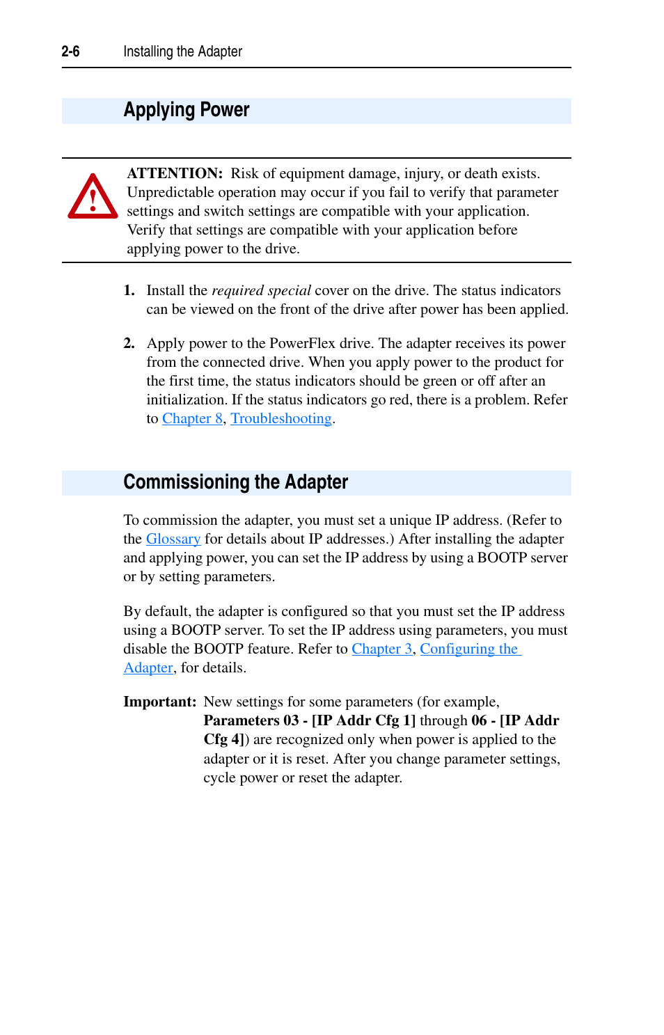 Applying power, Commissioning the adapter | Rockwell Automation 22-COMM-E EtherNet/IP Adapter User Manual | Page 24 / 166