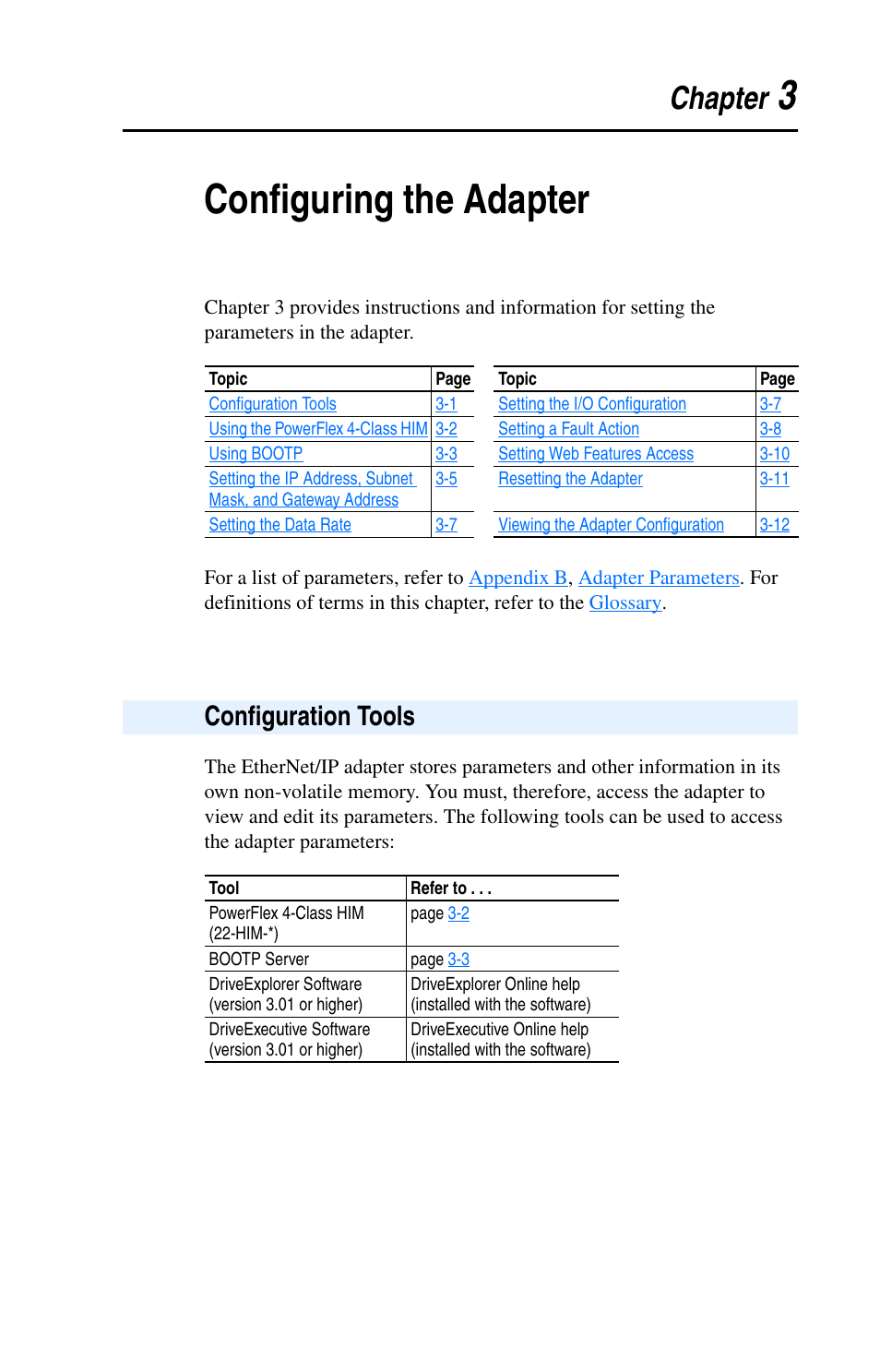 3configuring the adapter, Chapter, Configuration tools | Rockwell Automation 22-COMM-E EtherNet/IP Adapter User Manual | Page 25 / 166