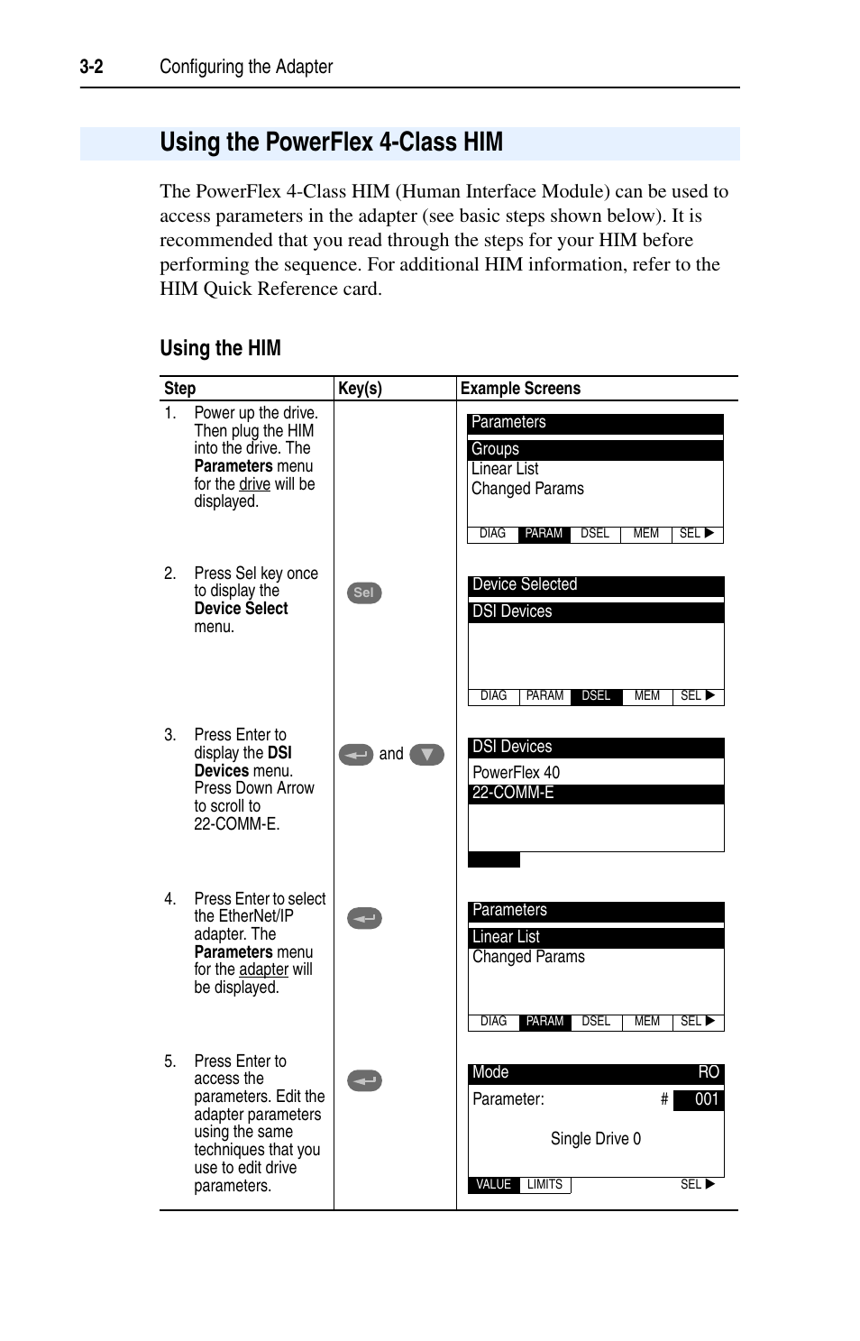 Using the powerflex 4-class him, Using the him | Rockwell Automation 22-COMM-E EtherNet/IP Adapter User Manual | Page 26 / 166