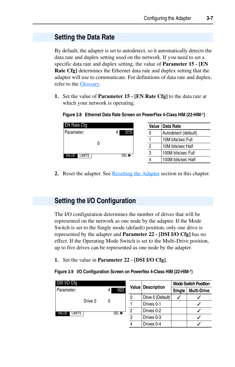 Setting the data rate, Setting the i/o configuration | Rockwell Automation 22-COMM-E EtherNet/IP Adapter User Manual | Page 31 / 166