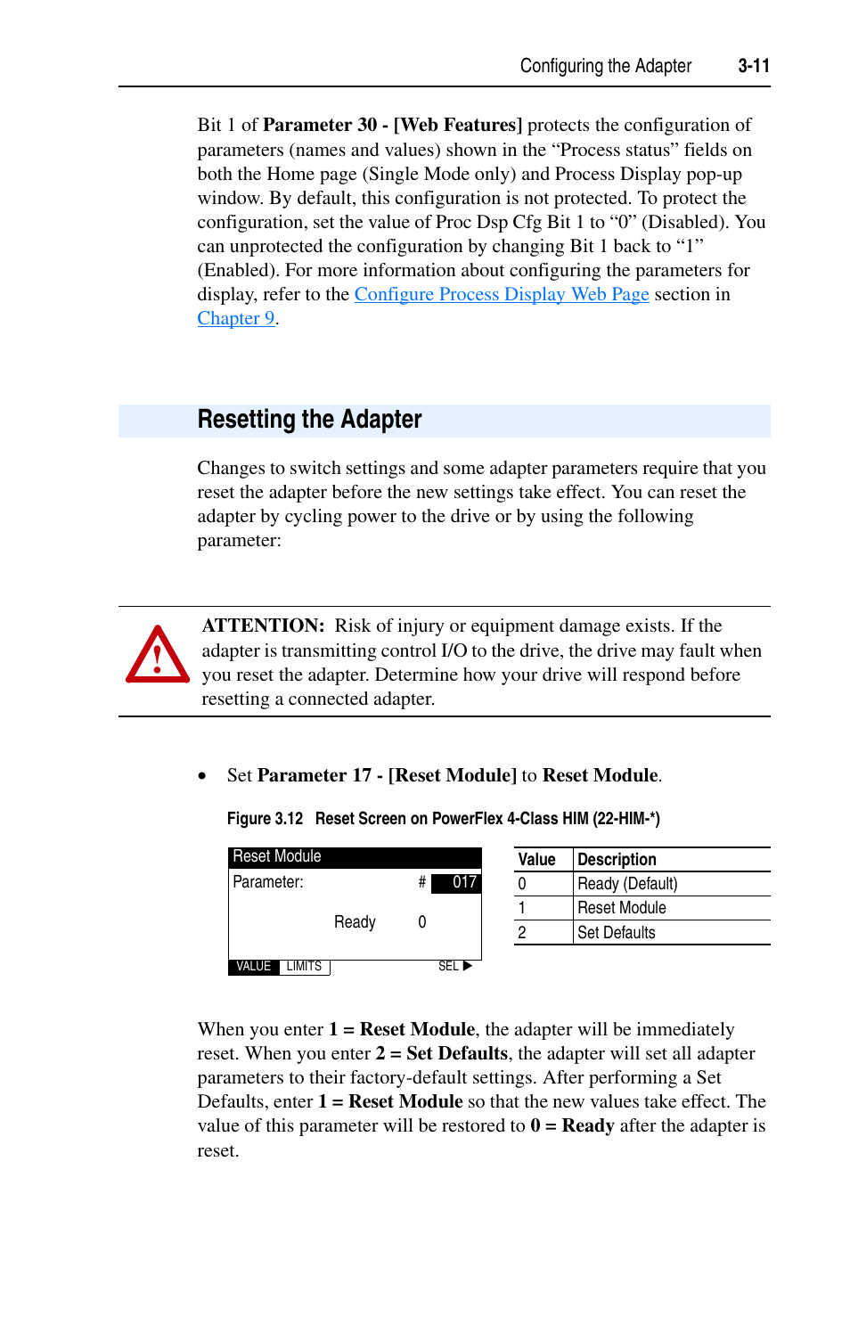 Resetting the adapter | Rockwell Automation 22-COMM-E EtherNet/IP Adapter User Manual | Page 35 / 166