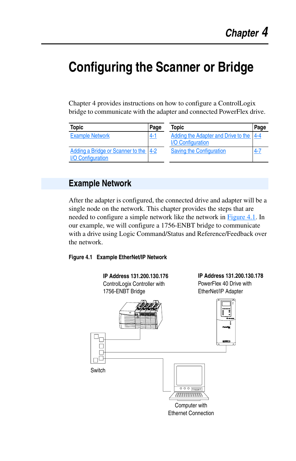 4configuring the scanner or bridge, Chapter, Example network | Rockwell Automation 22-COMM-E EtherNet/IP Adapter User Manual | Page 37 / 166