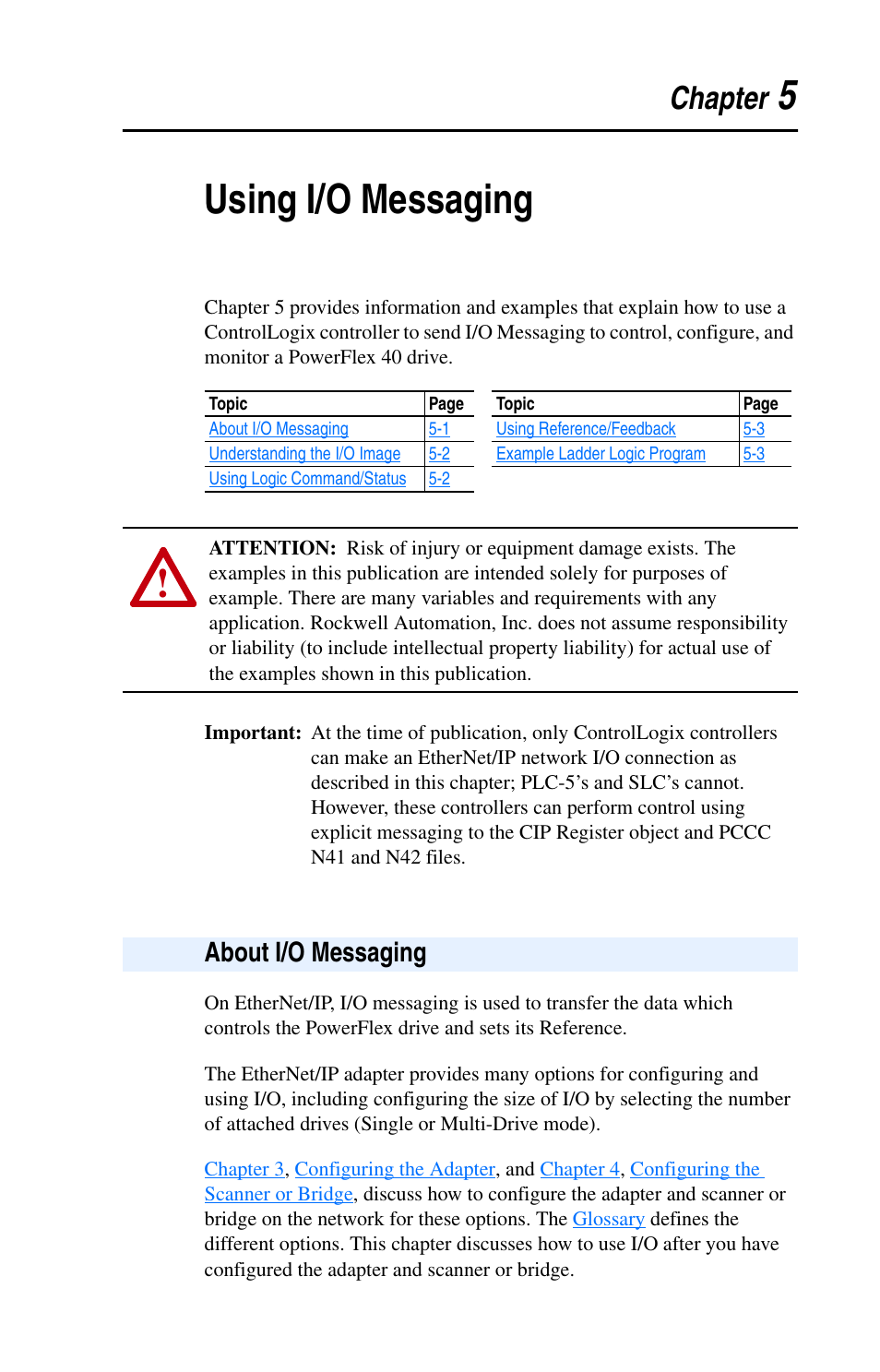 5using i/o messaging, Chapter, About i/o messaging | Rockwell Automation 22-COMM-E EtherNet/IP Adapter User Manual | Page 45 / 166