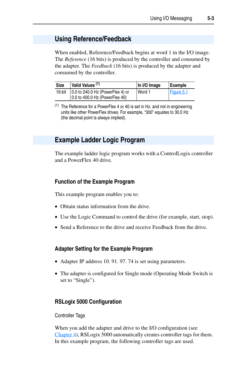 Using reference/feedback, Example ladder logic program | Rockwell Automation 22-COMM-E EtherNet/IP Adapter User Manual | Page 47 / 166