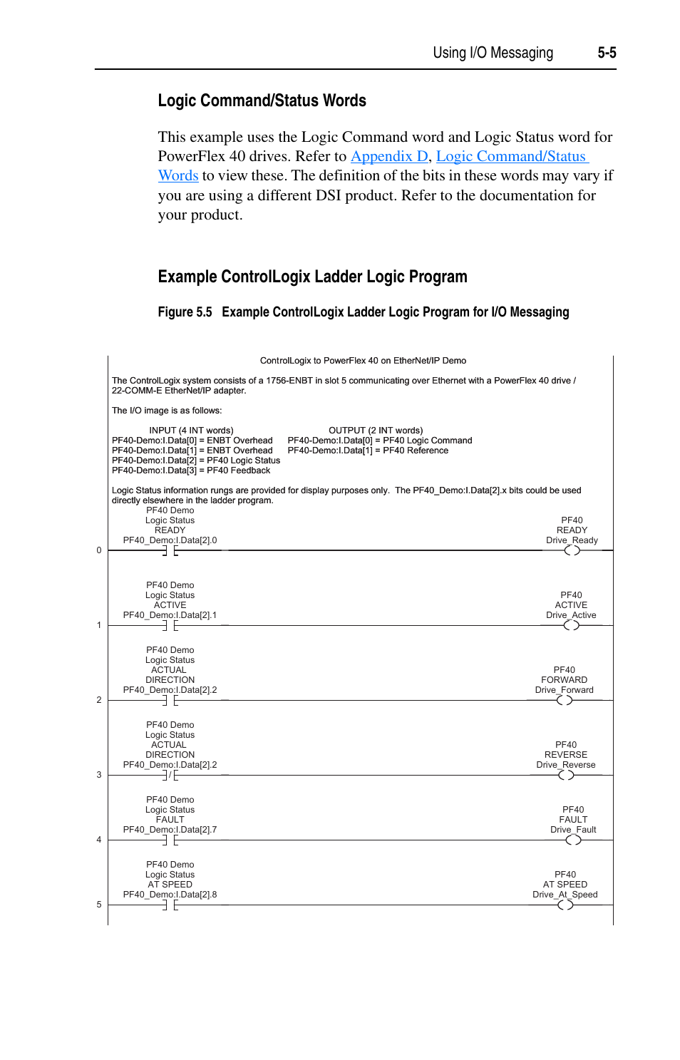 Logic command/status words, Example controllogix ladder logic program, Using i/o messaging 5-5 | Rockwell Automation 22-COMM-E EtherNet/IP Adapter User Manual | Page 49 / 166