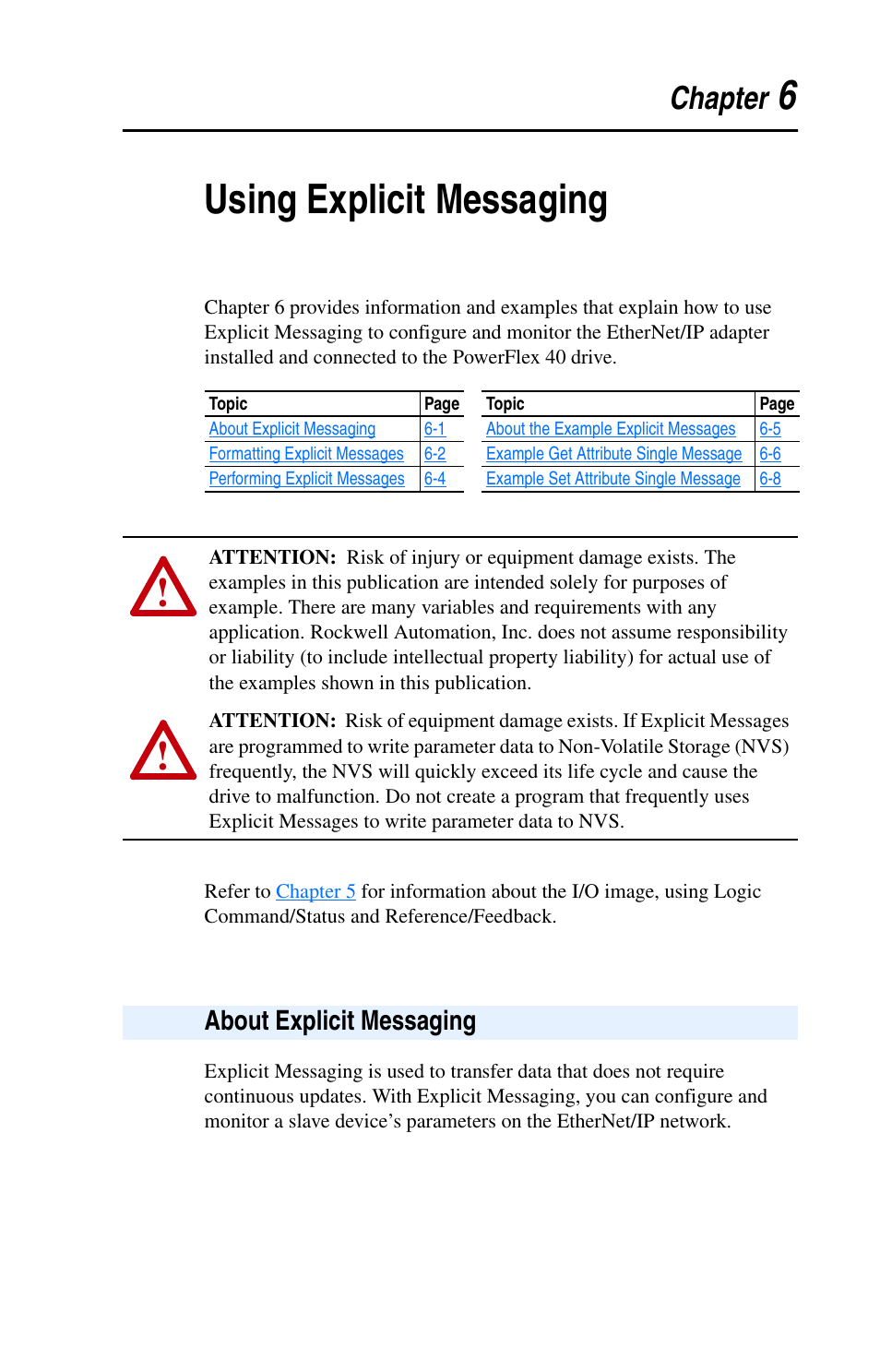 6using explicit messaging, Chapter, About explicit messaging | Rockwell Automation 22-COMM-E EtherNet/IP Adapter User Manual | Page 51 / 166