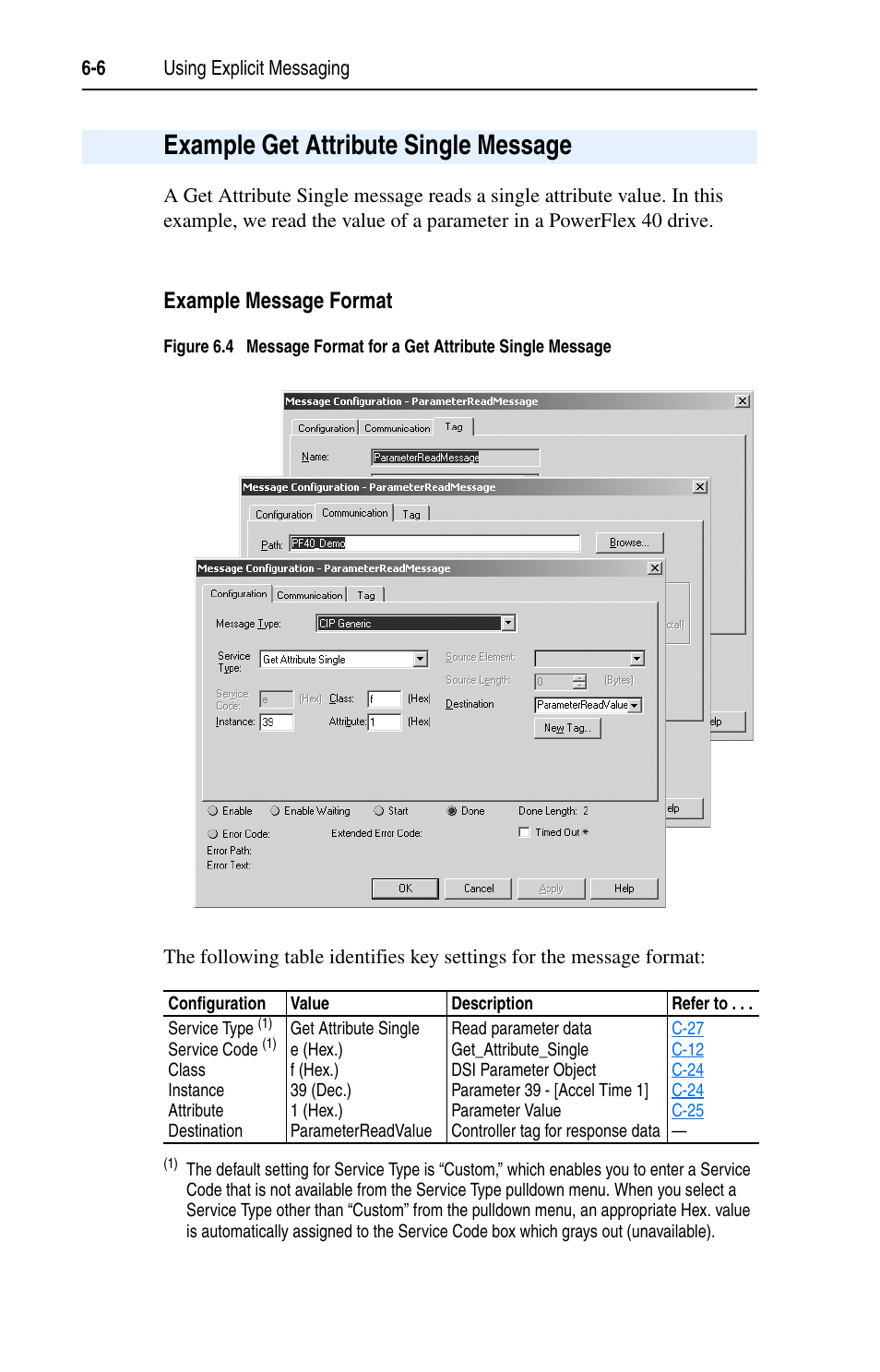 Example get attribute single message, Example message format | Rockwell Automation 22-COMM-E EtherNet/IP Adapter User Manual | Page 56 / 166