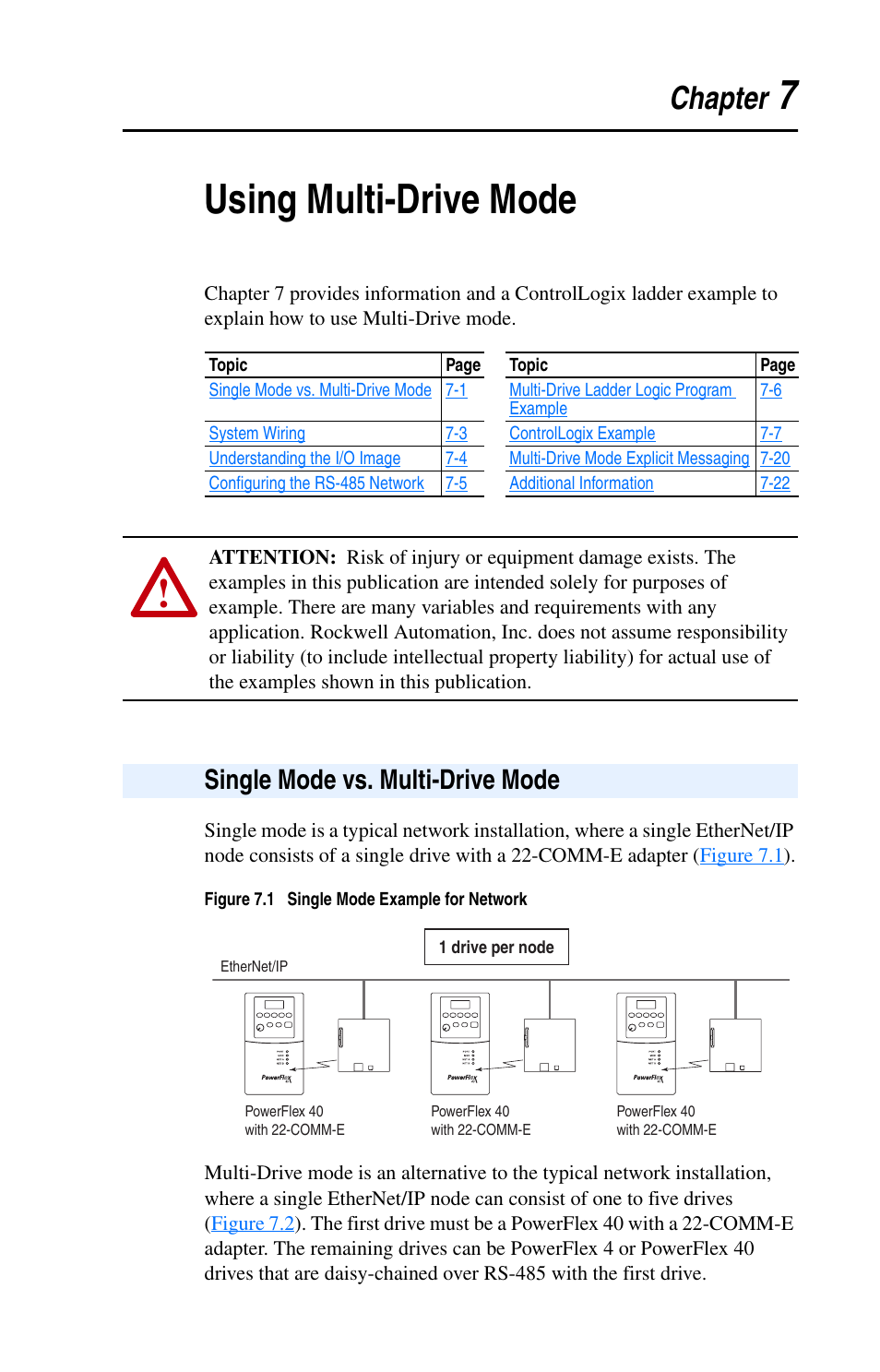 7using multi-drive mode, Chapter, Single mode vs. multi-drive mode | Rockwell Automation 22-COMM-E EtherNet/IP Adapter User Manual | Page 61 / 166