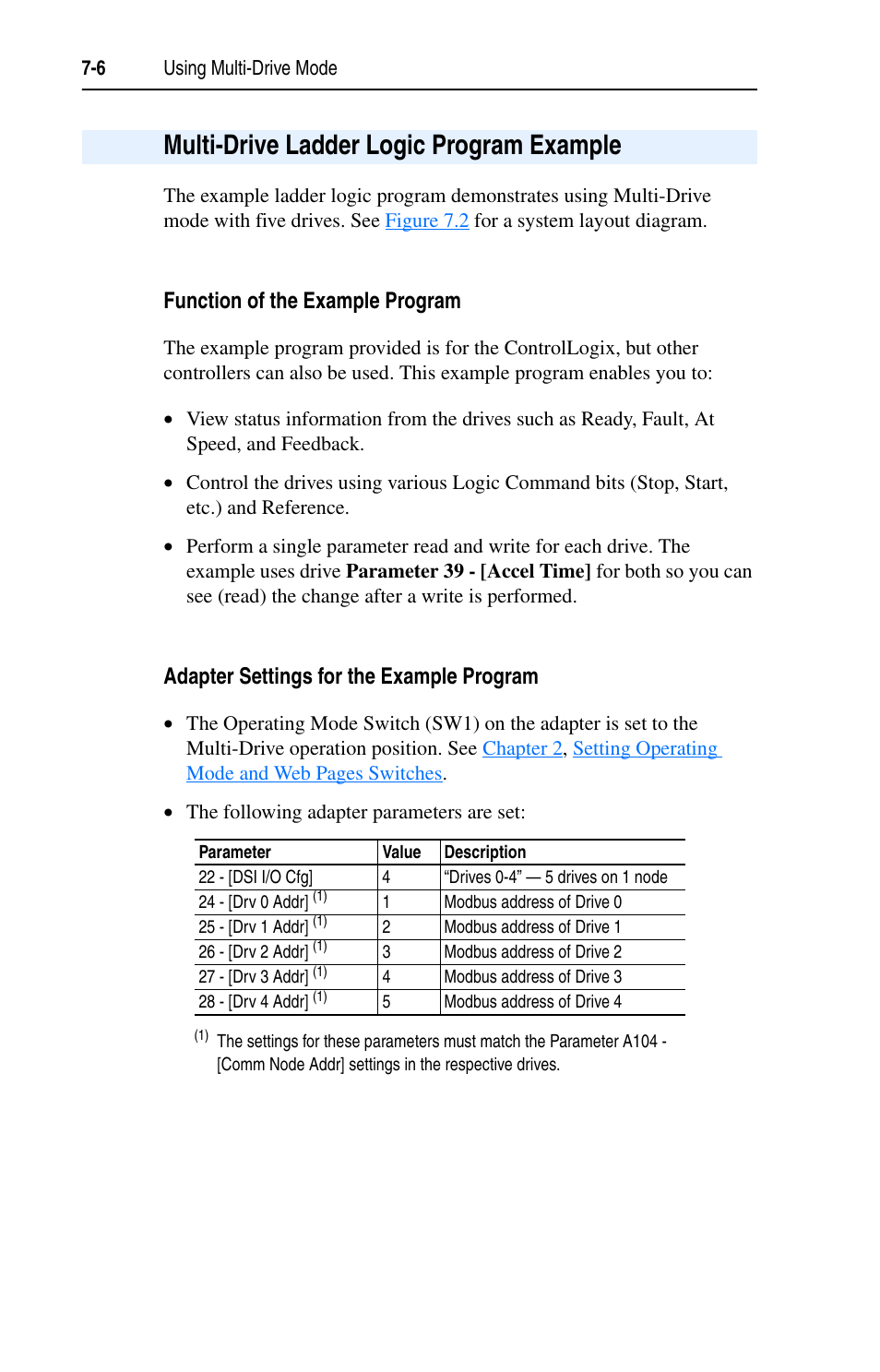 Multi-drive ladder logic program example, Function of the example program, Adapter settings for the example program | Rockwell Automation 22-COMM-E EtherNet/IP Adapter User Manual | Page 66 / 166