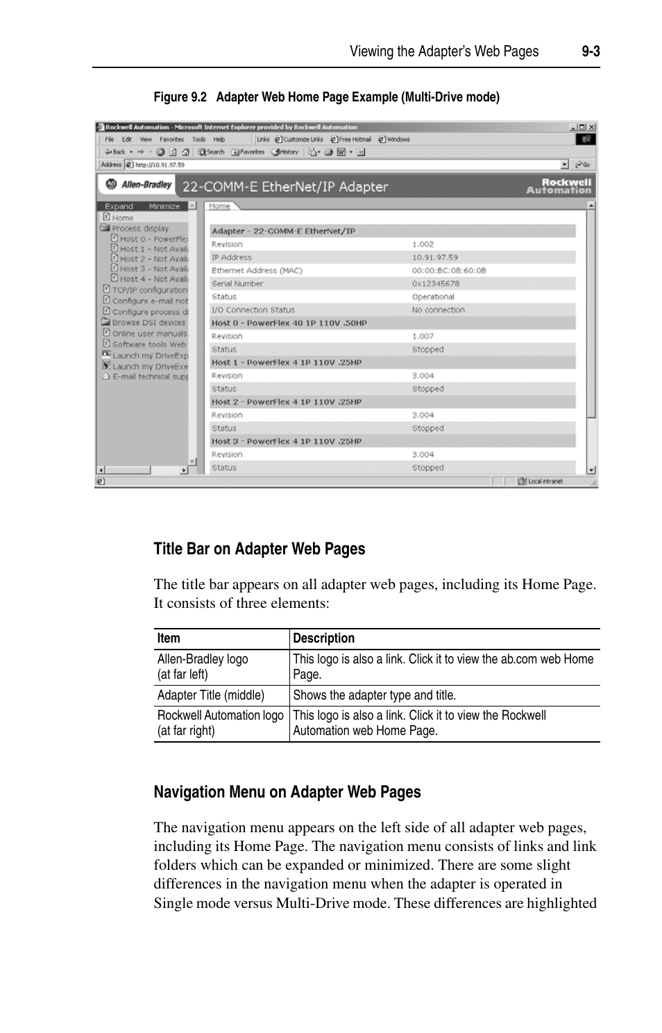 Title bar on adapter web pages, Navigation menu on adapter web pages | Rockwell Automation 22-COMM-E EtherNet/IP Adapter User Manual | Page 95 / 166