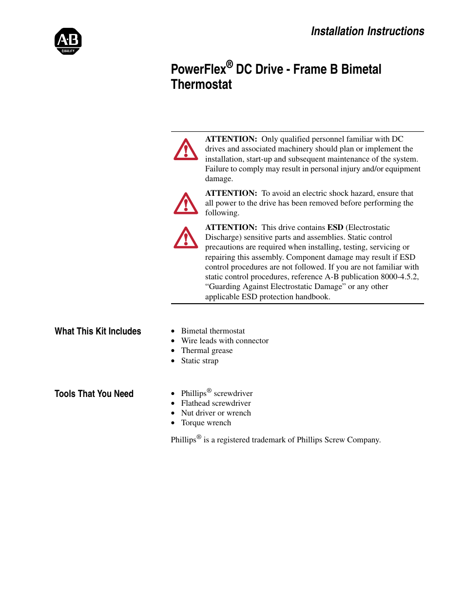 Rockwell Automation 20P PowerFlex DC Drive - Frame B Bimetal Thermostat User Manual | 16 pages