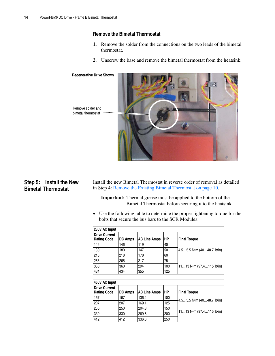 Step 5: install the new bimetal thermostat | Rockwell Automation 20P PowerFlex DC Drive - Frame B Bimetal Thermostat User Manual | Page 14 / 16