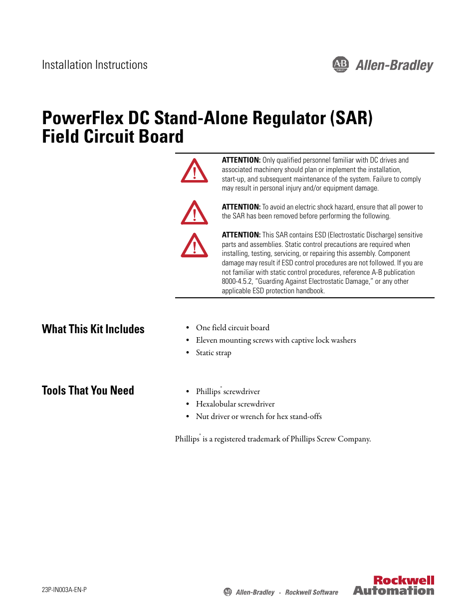 Rockwell Automation 23P PowerFlex DC Stand-Alone Regulator (SAR) Field Circuit Board User Manual | 10 pages