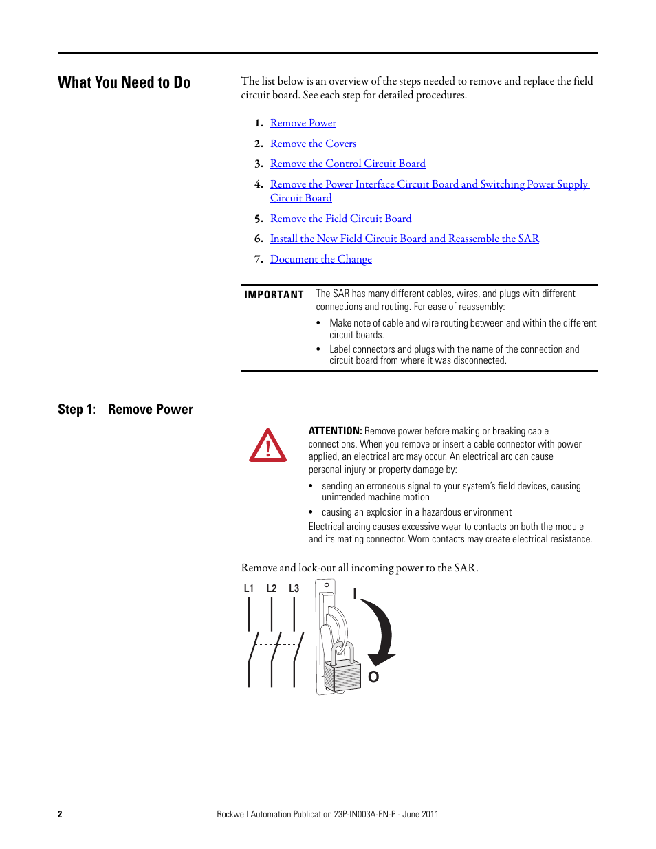 What you need to do, Step 1: remove power | Rockwell Automation 23P PowerFlex DC Stand-Alone Regulator (SAR) Field Circuit Board User Manual | Page 2 / 10