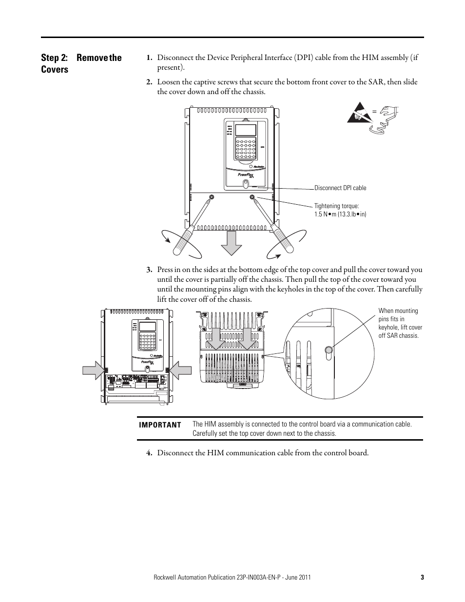 Step 2: remove the covers, Remove the covers | Rockwell Automation 23P PowerFlex DC Stand-Alone Regulator (SAR) Field Circuit Board User Manual | Page 3 / 10