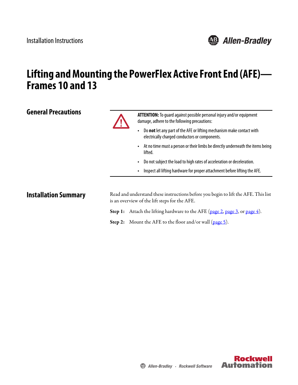 Rockwell Automation 20Y Lifting and Mounting PowerFlex Active Front End (AFE) -- Frames 10 and 13 User Manual | 6 pages