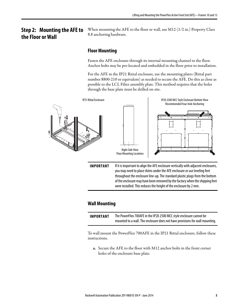 Step 2: mounting the afe to the floor or wall | Rockwell Automation 20Y Lifting and Mounting PowerFlex Active Front End (AFE) -- Frames 10 and 13 User Manual | Page 5 / 6