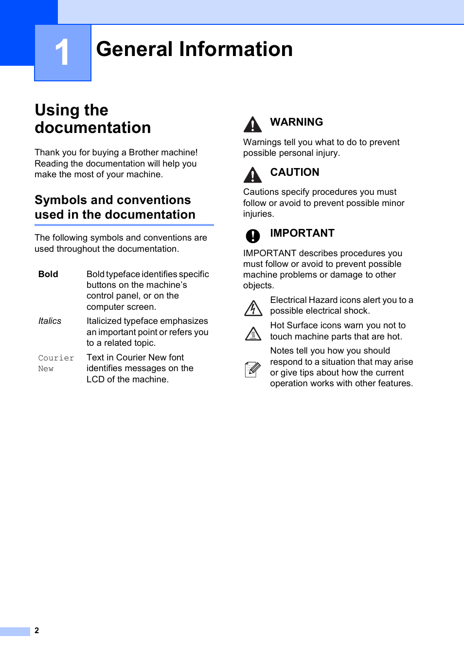 1 general information, Using the documentation, Symbols and conventions used in the documentation | General information, Warning, Caution, Important | Brother DCP-193C User Manual | Page 10 / 118