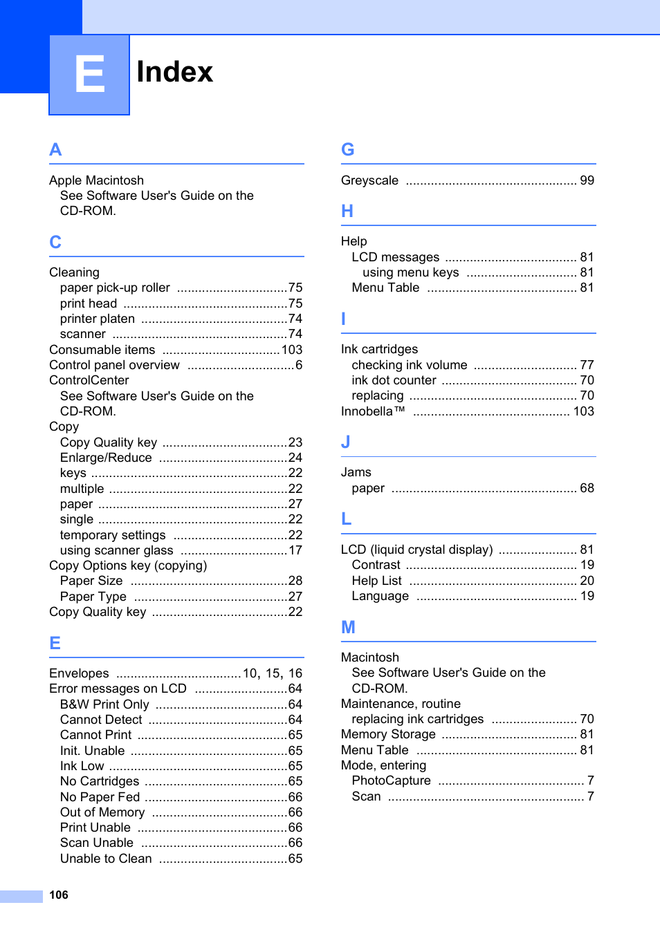 Index | Brother DCP-193C User Manual | Page 114 / 118