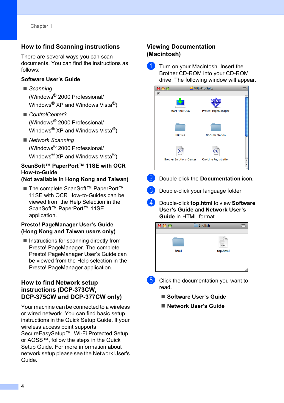 How to find scanning instructions, Viewing documentation (macintosh) | Brother DCP-193C User Manual | Page 12 / 118