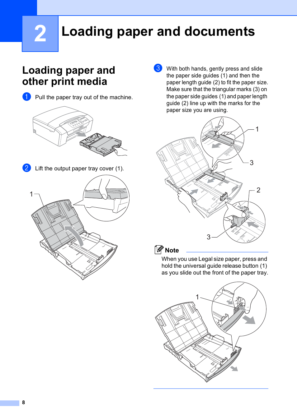 2 loading paper and documents, Loading paper and other print media, Loading paper and documents | Brother DCP-193C User Manual | Page 16 / 118